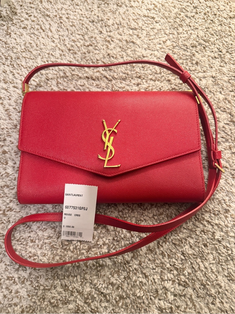Saint Laurent Red Pebbled Leather YSL Crossbody Bag with Gold Hardware